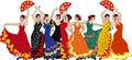 Group of flamenco dancers in colorful traditional spanish dresses